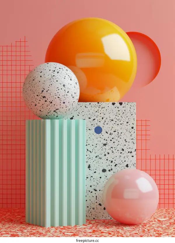 Colorful 3D Geometric Shapes On Pink Background