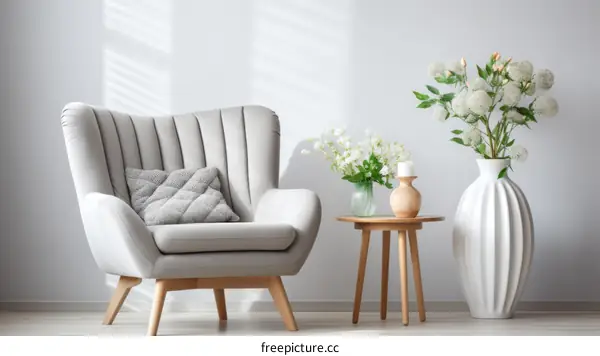 Stylish Gray Armchair and Table with Flowers in Bright White Room