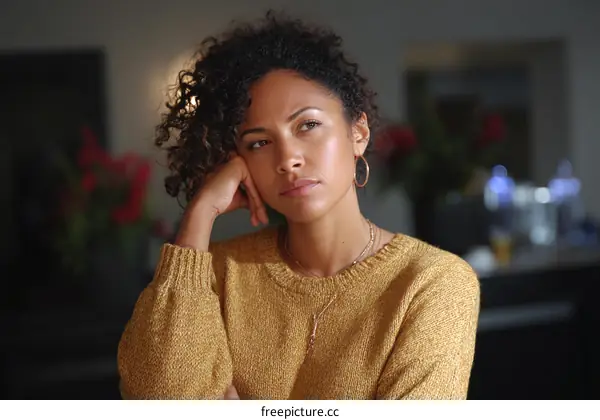 Thoughtful Woman in a Mustard Yellow Sweater