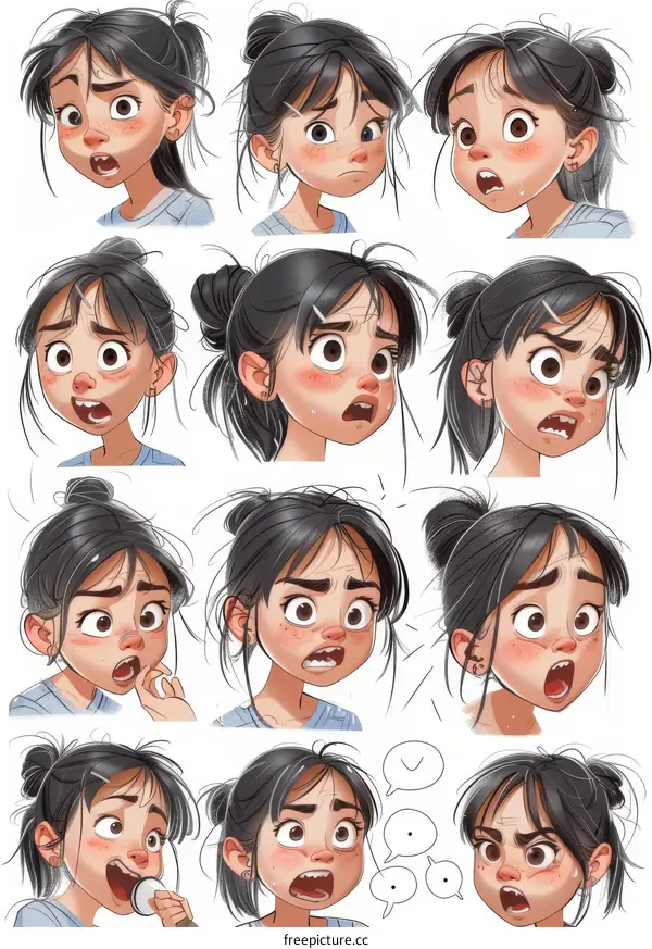 A collection of cartoon girl facial expression