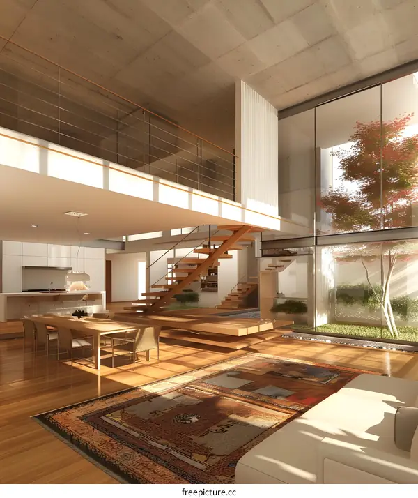 Bright modern house interior with staircase and large windows