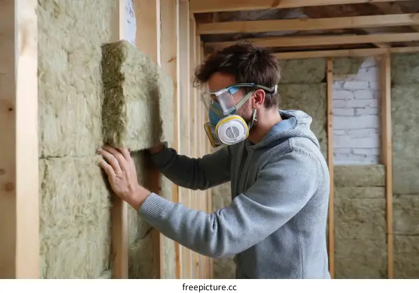 Worker Installing Insulation in a House Under Construction
