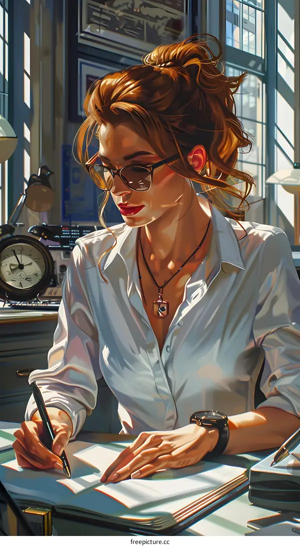 portrait of a beautiful woman in glasses writing in a notebook