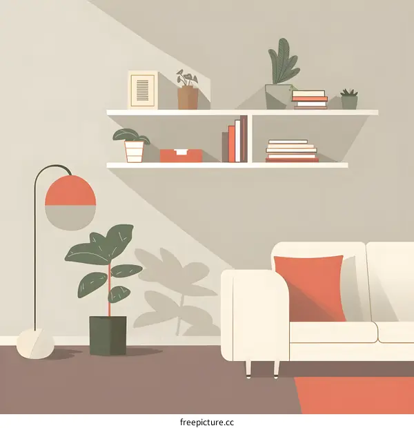 Minimalist Living Room Interior Design with White Sofa, Plants and Bookshelf