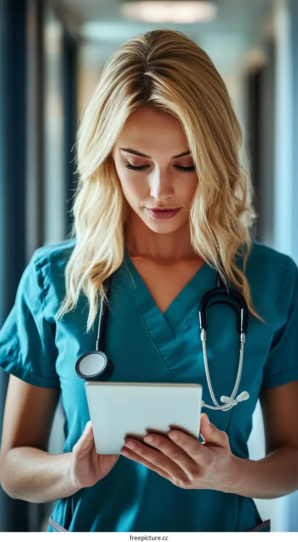Female Caucasian Nurse Using Tablet in Hospital