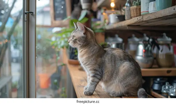 A ginger cat is sitting on a wooden table in front of a window.