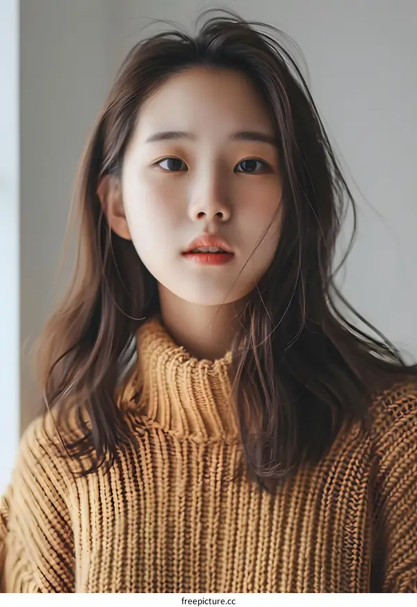 Portrait of a Young Asian Woman with Long Brown Hair Wearing a Brown Sweater