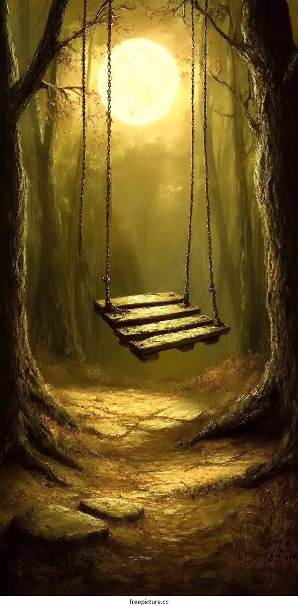 Swinging Under the Moonlight in a Forest
