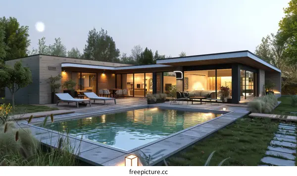 Luxurious Modern House with Pool and Serene Outdoor Sitting Area
