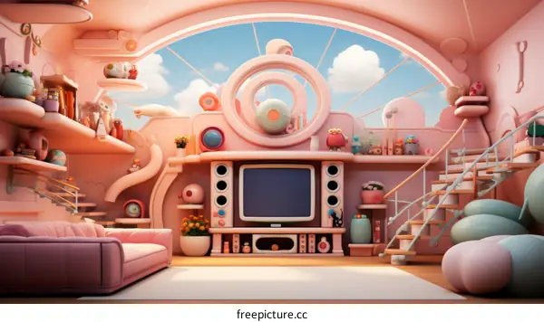 A pink living room with a large window