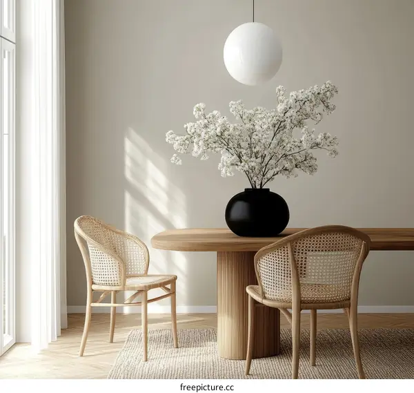 Modern Dining Room with Wooden Table and Rattan Chairs