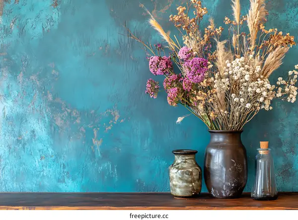 Dried Flowers in Vases on Wooden Table and Blue Wall