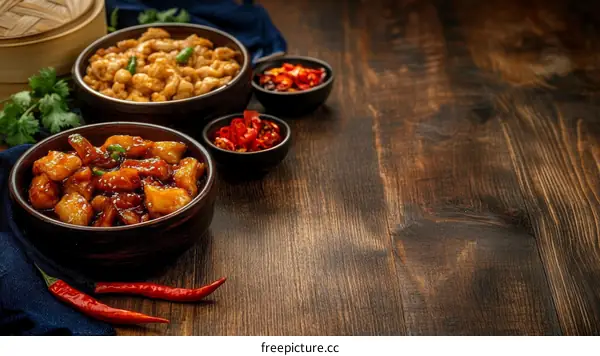 Delicious Chinese Food Dishes on Wooden Table