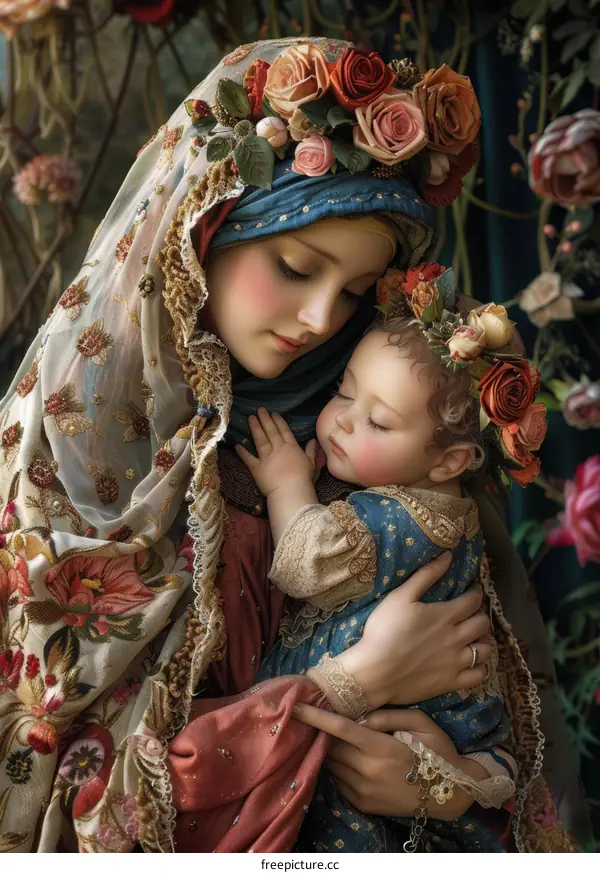 An illustration of a mother and child with flowers in their hair