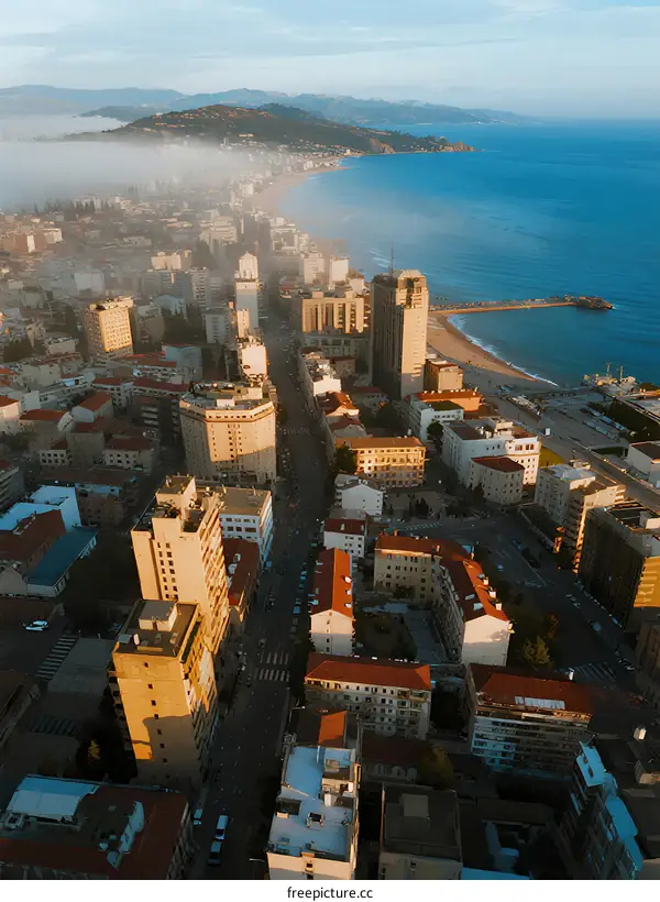 Aerial view of coastal city with buildings and sea mist