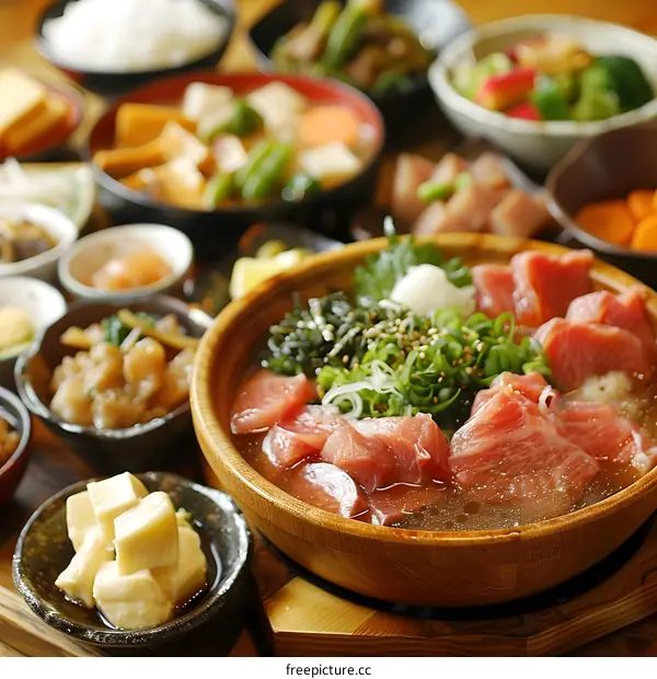 A delicious and healthy Japanese meal with fresh fish, vegetables, and rice.