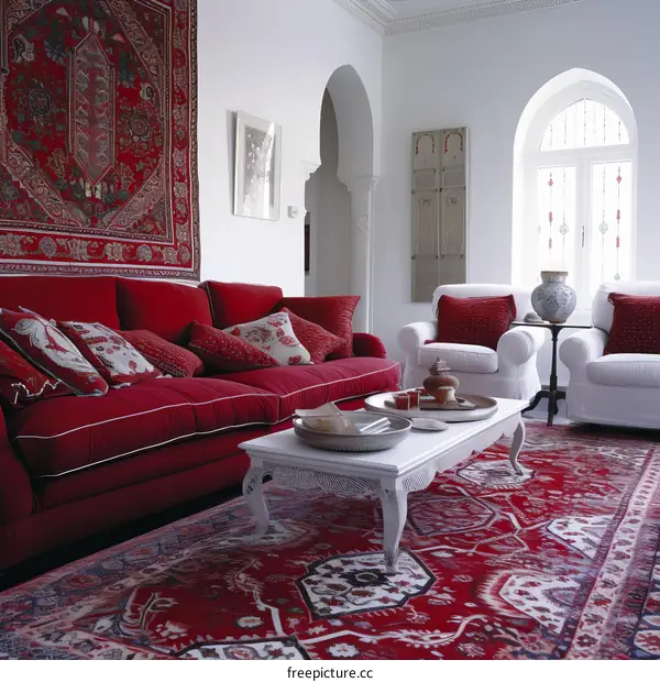 red living room with sofa and patterned rug