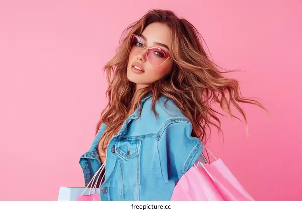Fashionable Woman with Shopping Bags in Pink Background