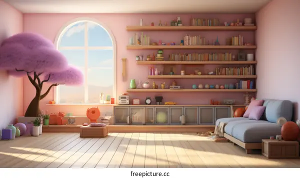Cozy pink living room interior with a large window