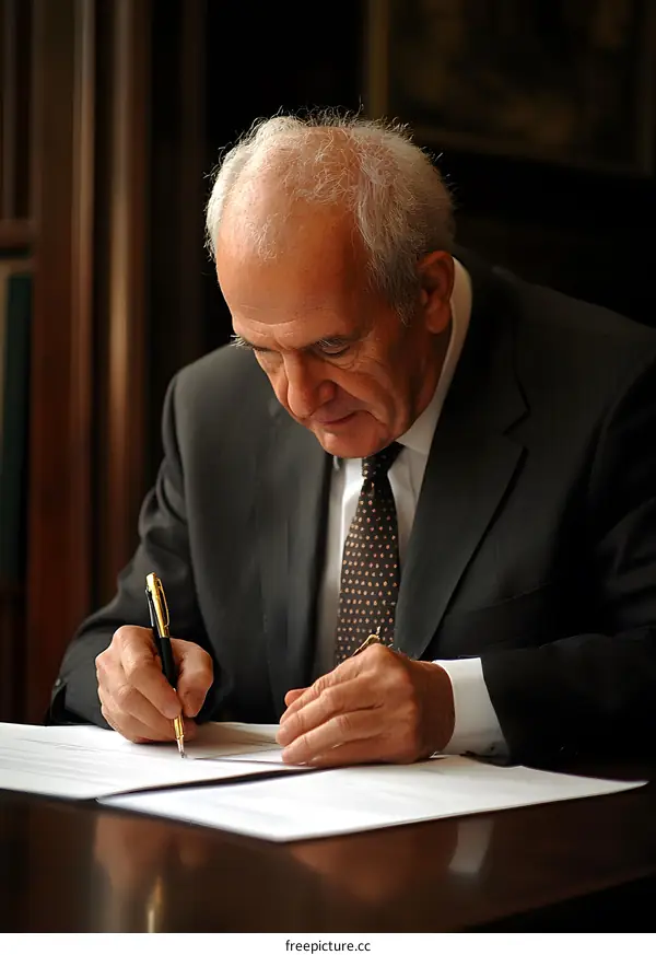 Man in Suit Signing a Document