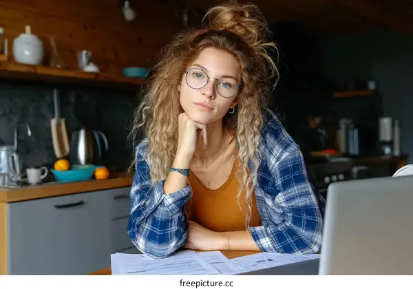 Young Woman Working at Kitchen Table
