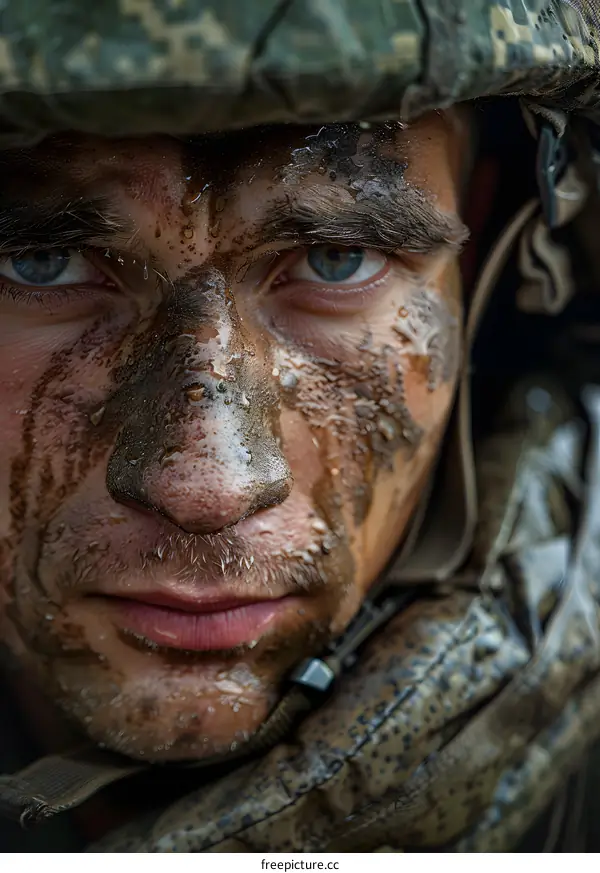 Portrait of a young soldier with mud on his face