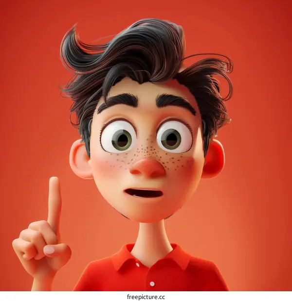 3D Cartoon Boy Pointing Up with Curiosity