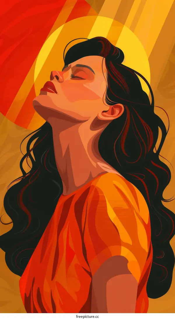 Portrait of a young beautiful woman with long black hair and orange background