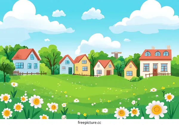 Cartoon Illustration of a Small Village with Houses and Green Grass