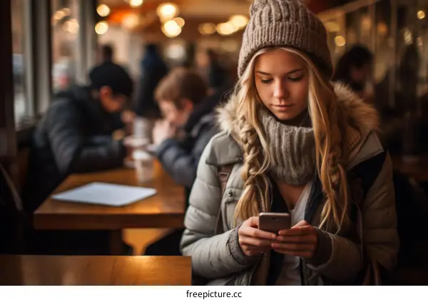 Young woman sitting in a cafe using her phone