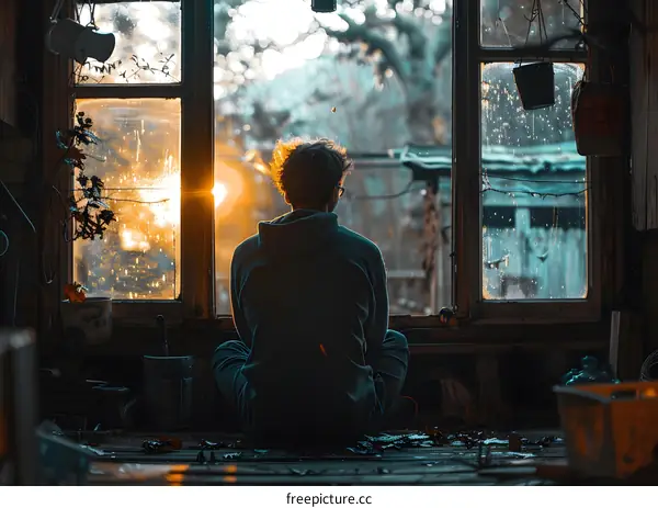 A person is sitting in front of the window, watching the sunset