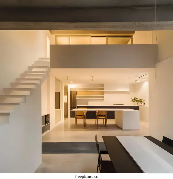 Modern White Kitchen With Concrete Ceiling And Stairs
