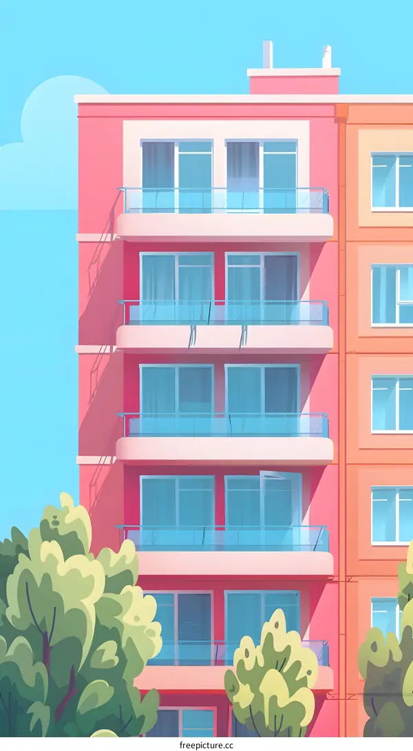 Pink Building with Balcony and Green Trees