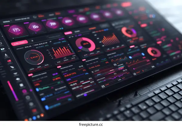 Futuristic dashboard interface with graphs, charts, and data analysis