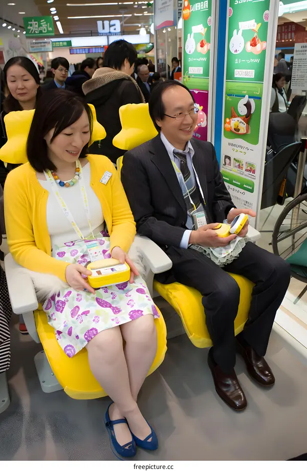 Two People Sitting in Yellow Chairs at a Japanese Event