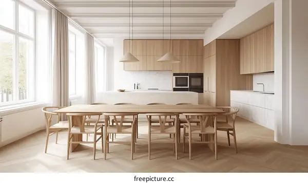 Modern Minimalist Wooden Dining Area with Kitchen View