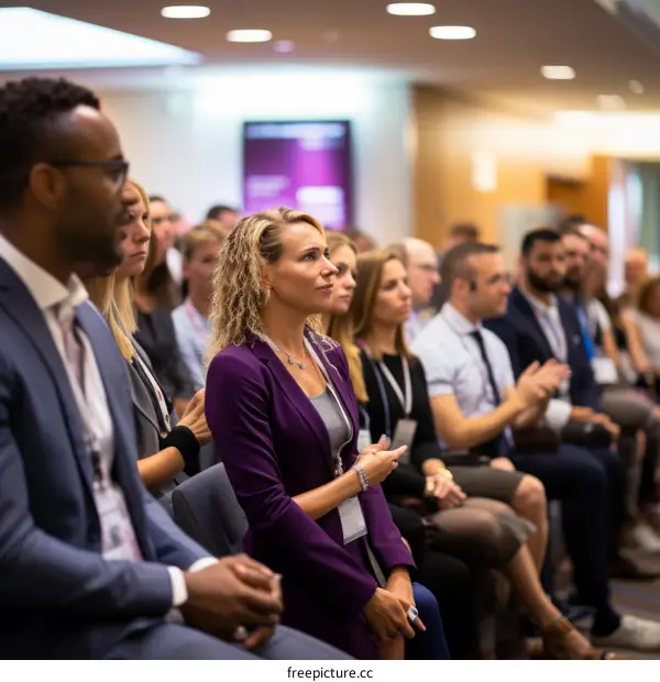 A group of people are sitting in a conference room listening to a presentation