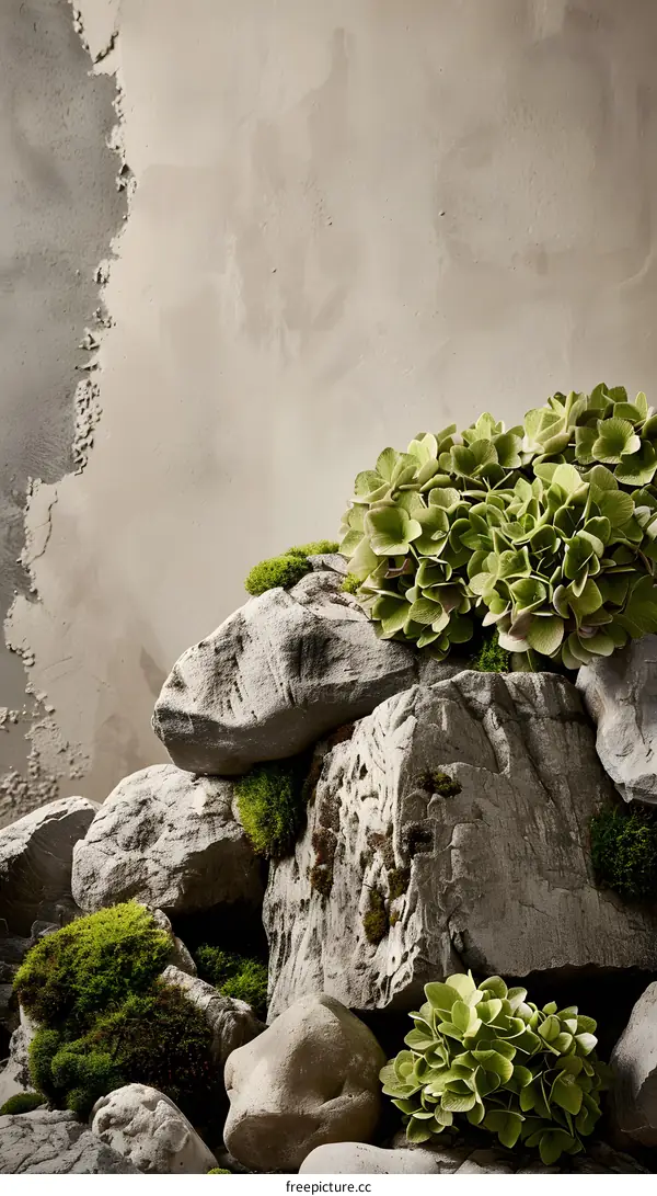 Green Hydrangea Flowers On Grey Rocks With Moss
