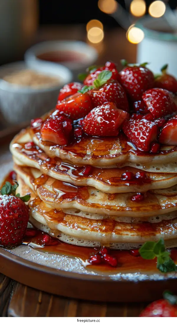 A decadent stack of pancakes topped with fresh strawberries and pomegranate syrup