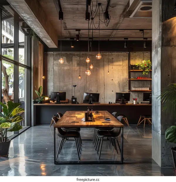 Modern Office Interior with Concrete Walls and Wooden Furniture
