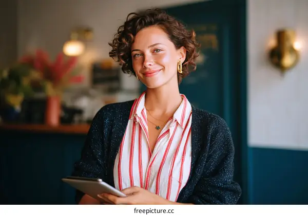 Woman holding tablet in cafe smiling portrait