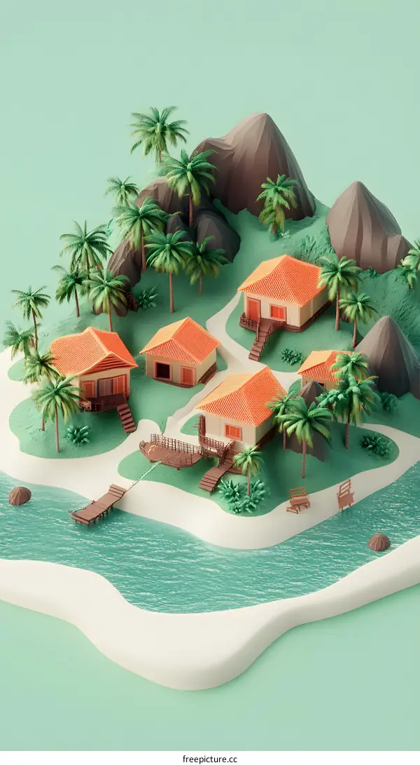 Tropical Island With Houses And Palm Trees