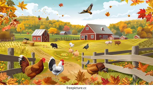 Autumn Farm with Chickens and a Red Barn