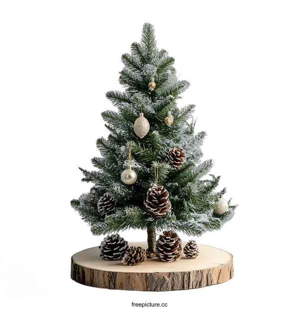 [Transparent Background PNG]Christmas Tree with Ornaments and Pinecones on Wooden Slice