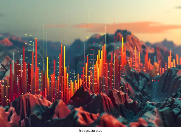 Abstract Mountain Cityscape with Colorful Lights