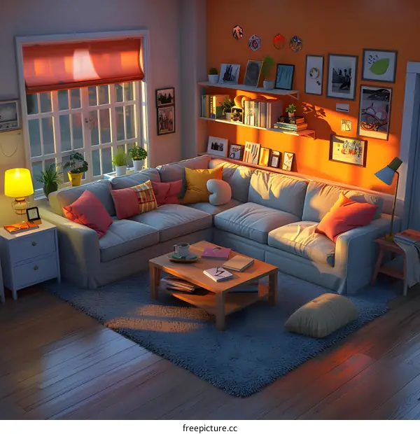 Cozy Living Room Interior Design with Gray Sofa and Orange Wall