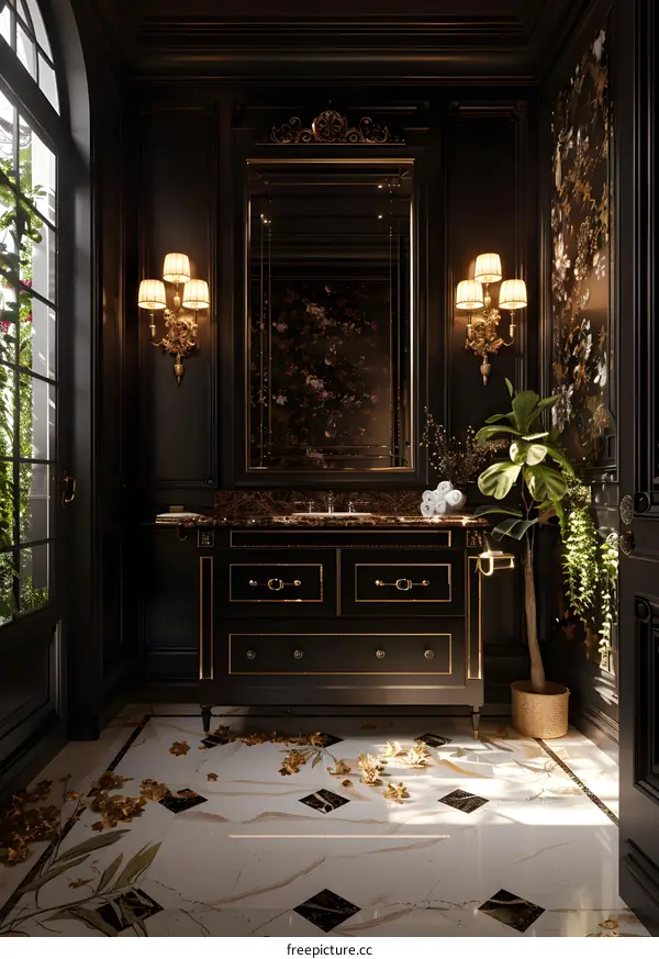 Luxury Bathroom Interior Design with Black and Gold Accents