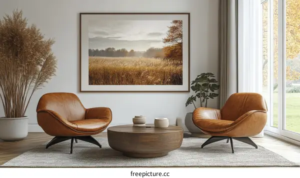 Modern Living Room with Autumn Field Picture