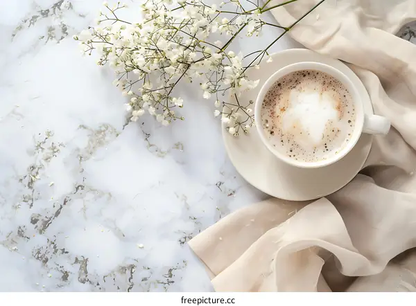 Top View of a Cup of Coffee with Flowers on Marble Background