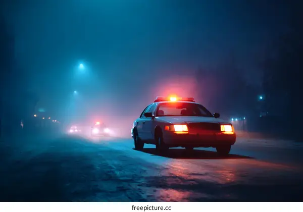 Night Police Car in Foggy Street Scene